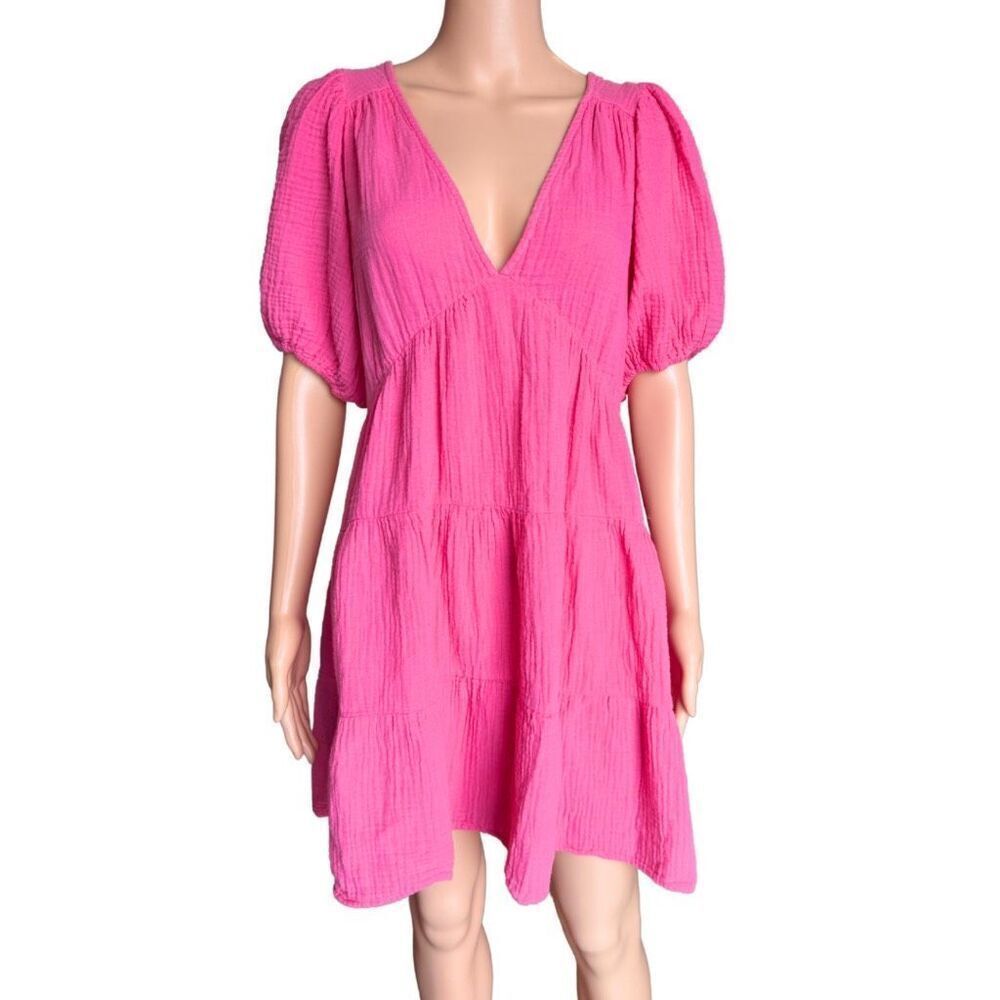 Xirena Nissa Pink Cotton Gauze Tiered Mini Dress V Neck Open Tie Back Large - Picture 4 of 9